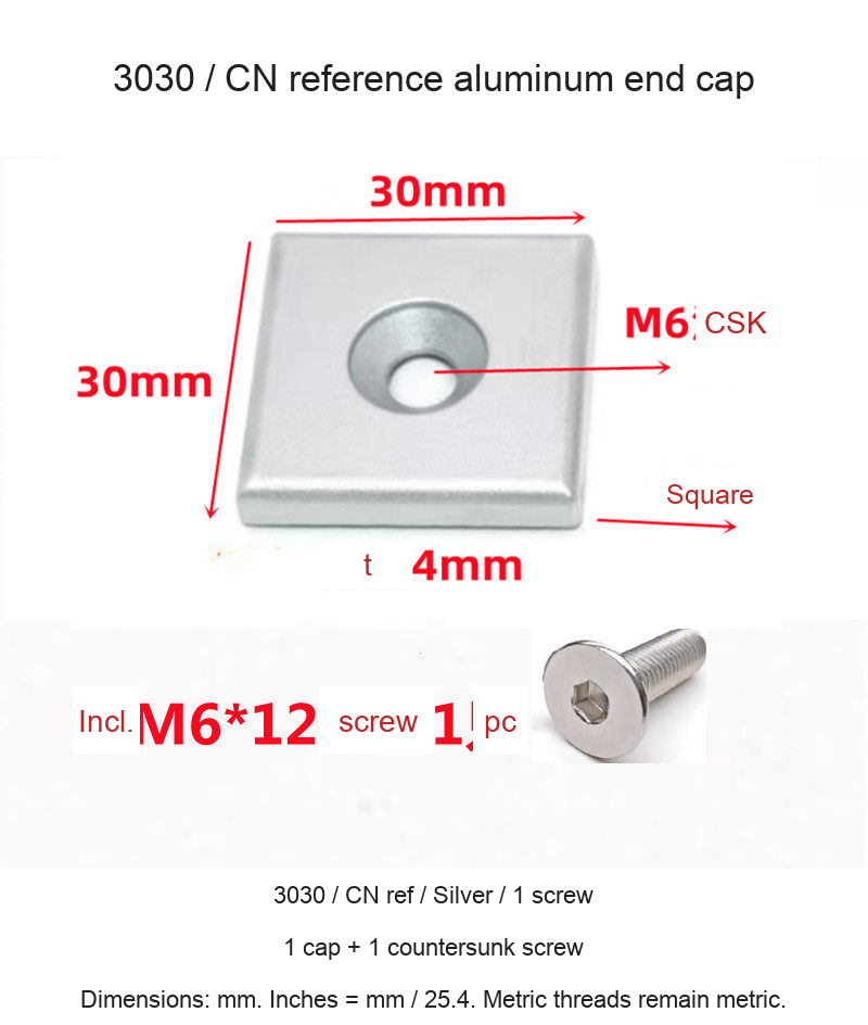 3030 / CN ref / Silver / 1 screw — original end-cap photograph and dimensions