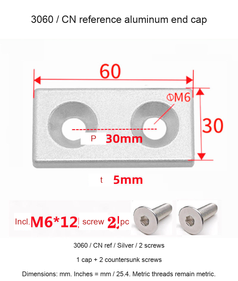 3060 / CN ref / Silver / 2 screws — original end-cap photograph and dimensions