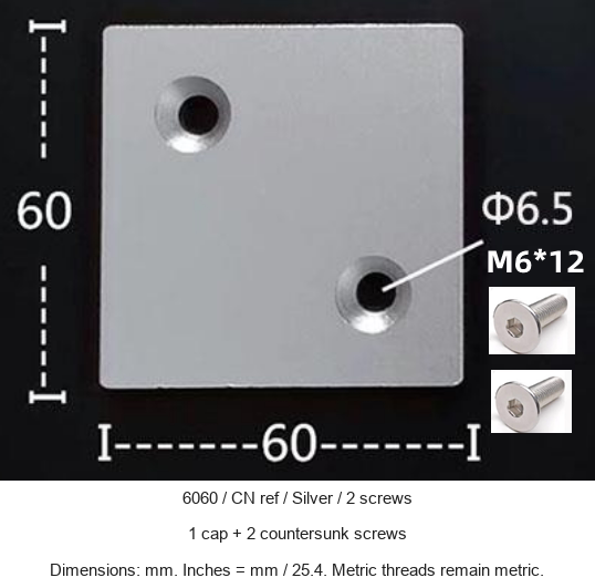 6060 / CN ref / Silver / 2 screws — original end-cap photograph and dimensions
