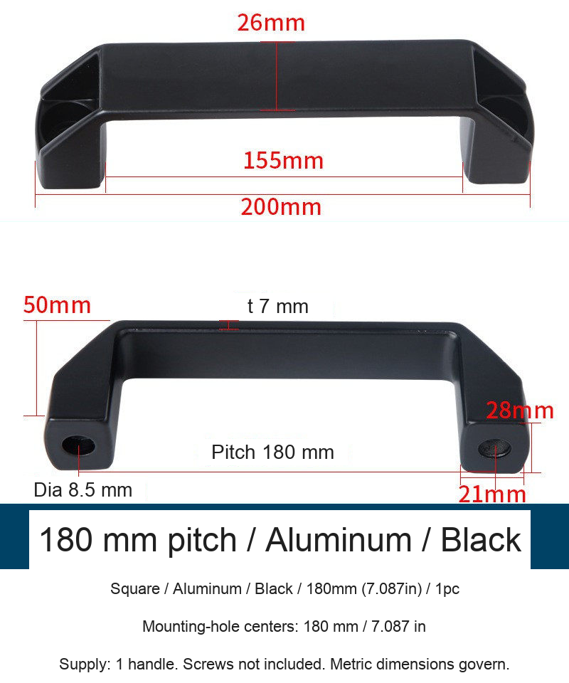 Square / Aluminum / Black / 180mm (7.087in) / 1pc — source image and dimensional reference