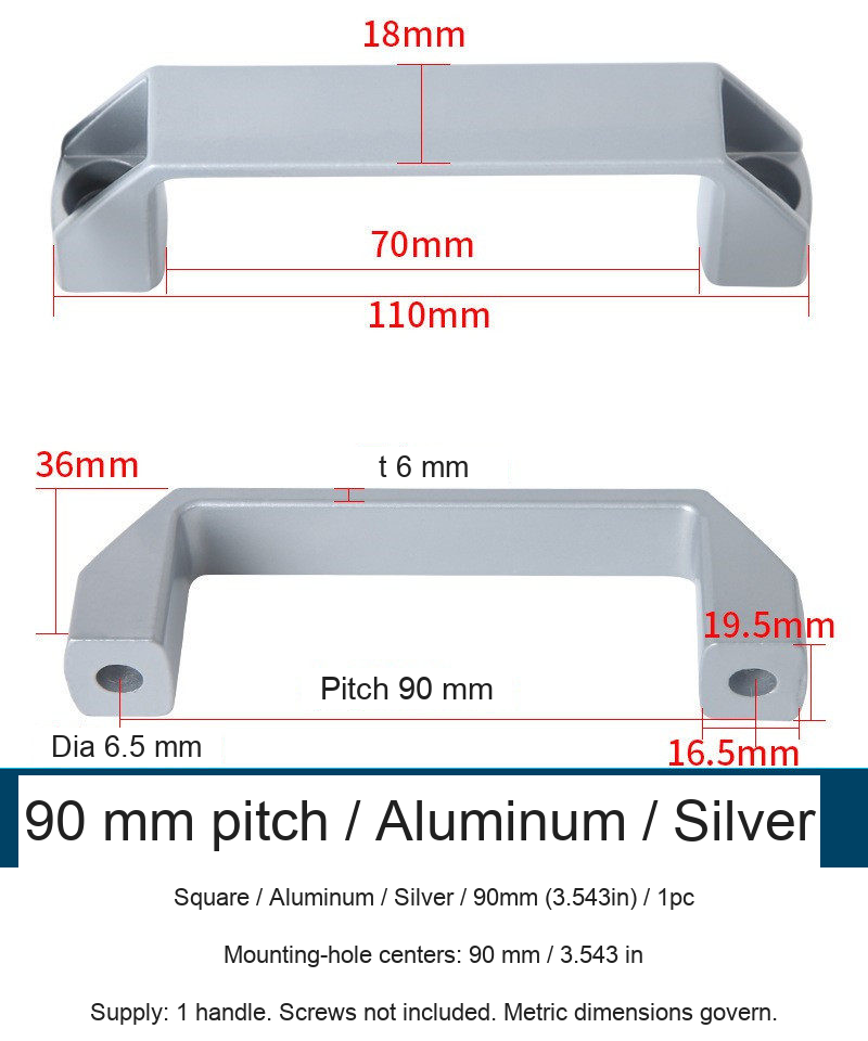 Square / Aluminum / Silver / 90mm (3.543in) / 1pc — source image and dimensional reference