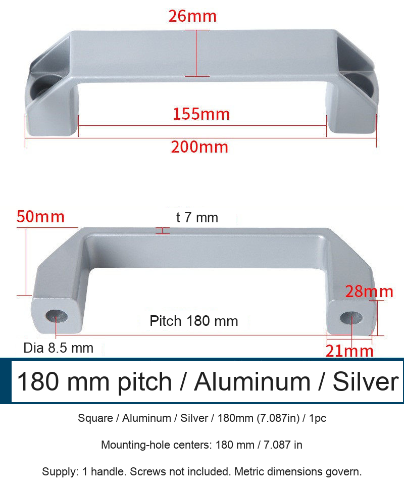 Square / Aluminum / Silver / 180mm (7.087in) / 1pc — source image and dimensional reference