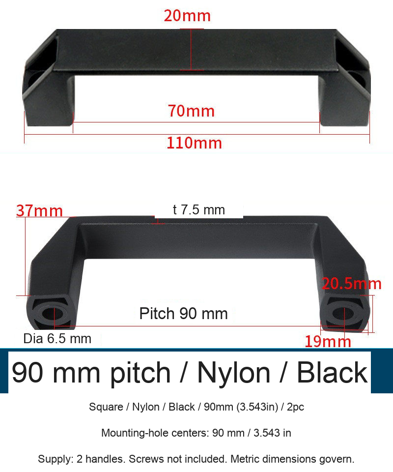 Square / Nylon / Black / 90mm (3.543in) / 2pc — source image and dimensional reference