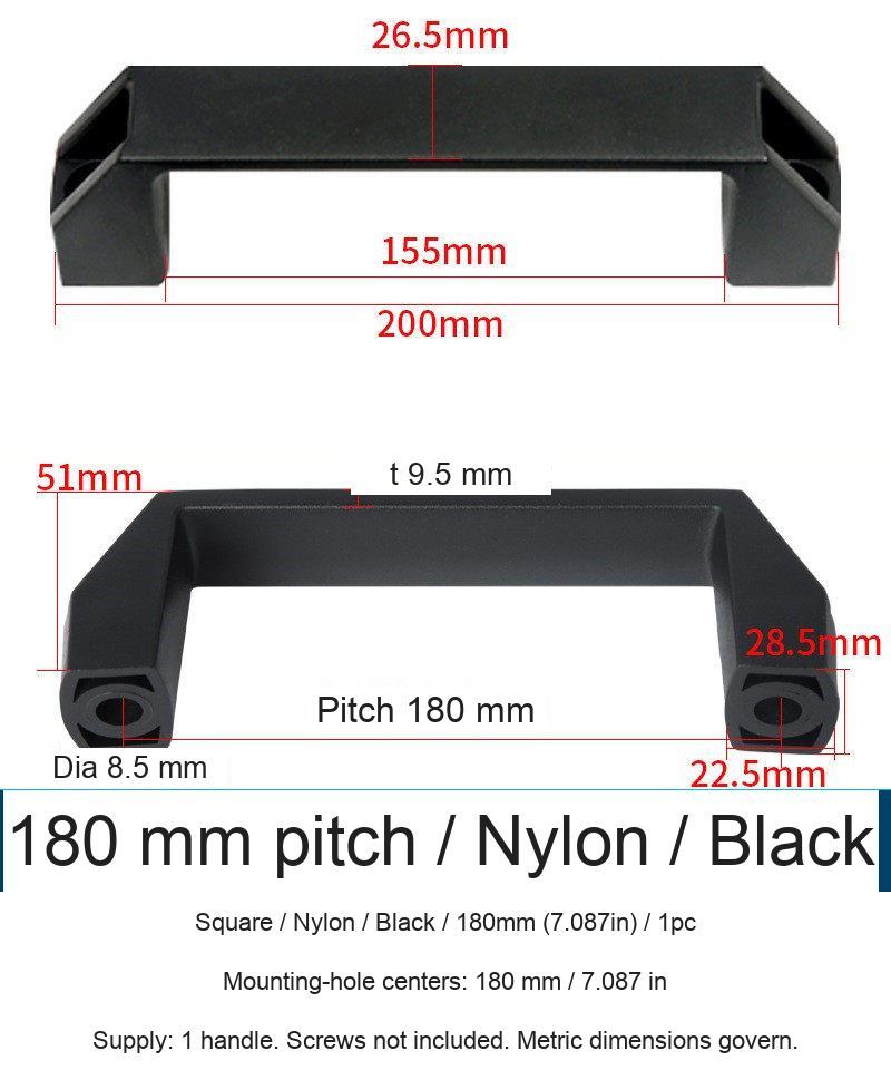 Square / Nylon / Black / 180mm (7.087in) / 1pc — source image and dimensional reference