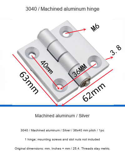 3040 / Machined aluminum / Silver / 36x40 mm pitch / 1pc — original photographs and dimensional reference
