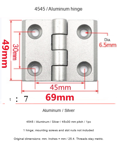 4545 / Aluminum / Silver / 45x30 mm pitch / 1pc — original photographs and dimensional reference
