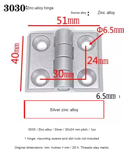 3030 / Zinc alloy / Silver / 30x24 mm pitch / 1pc — original photographs and dimensional reference