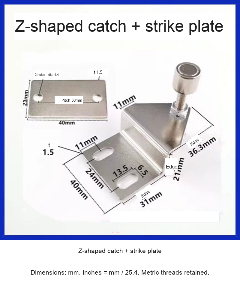 Z-shaped catch + strike plate — original photograph and dimensions