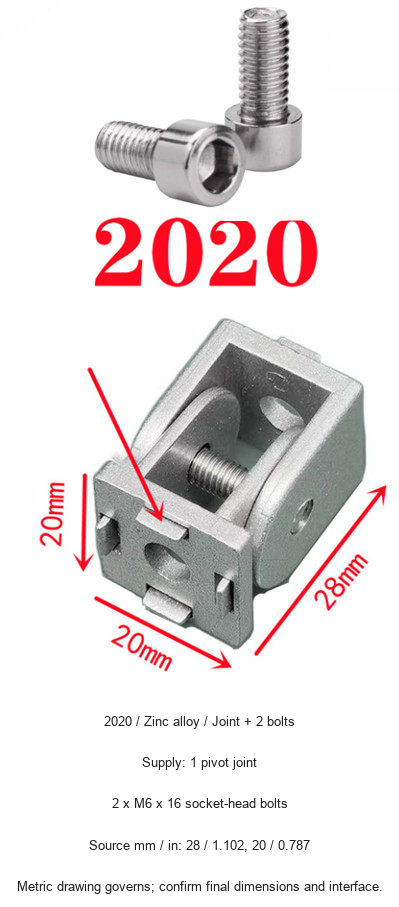 2020 / Zinc alloy / Joint + 2 bolts — original product and dimension reference