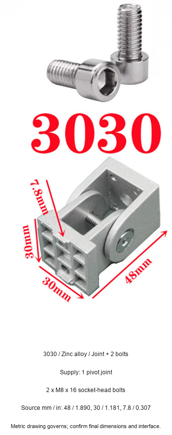 3030 / Zinc alloy / Joint + 2 bolts — original product and dimension reference