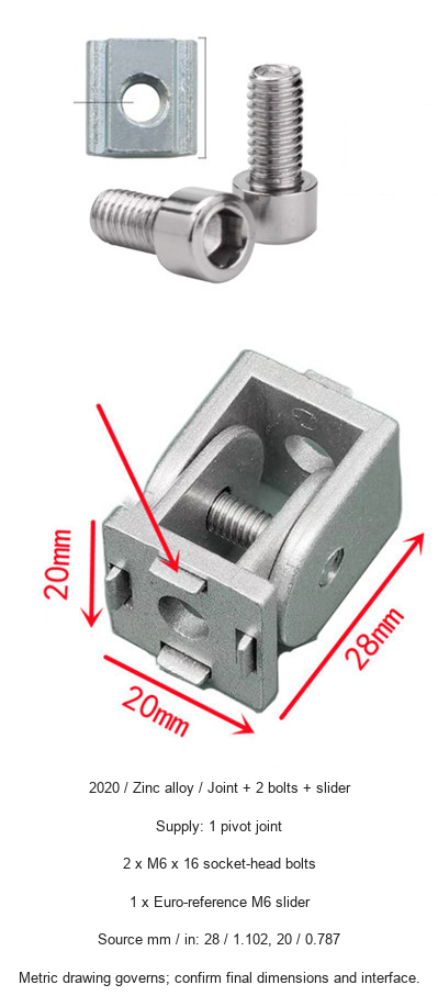2020 / Zinc alloy / Joint + 2 bolts + slider — original product and dimension reference