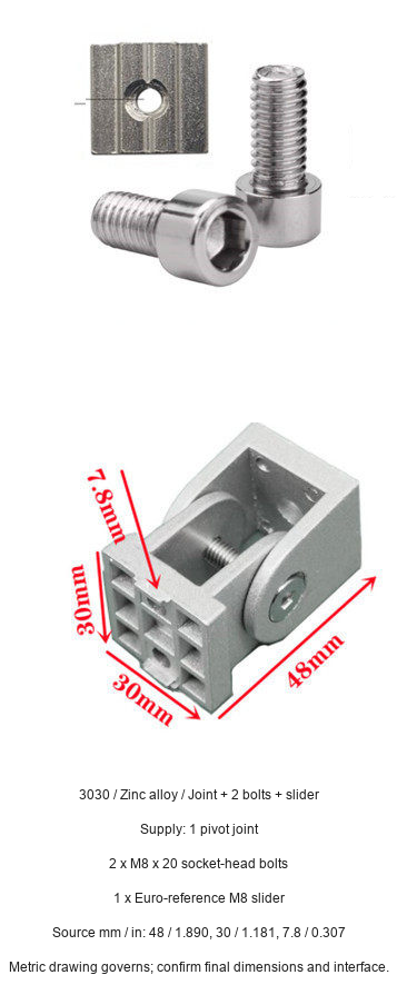 3030 / Zinc alloy / Joint + 2 bolts + slider — original product and dimension reference