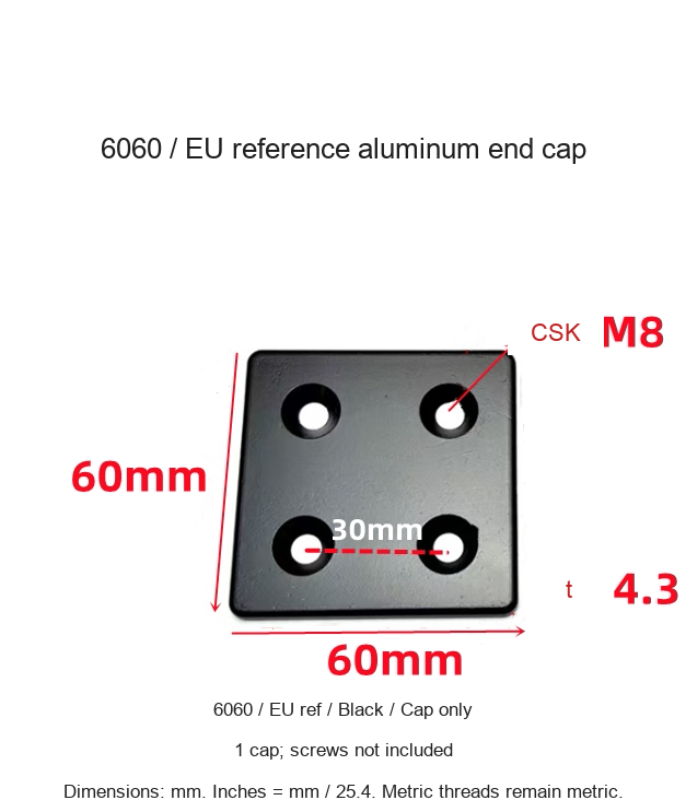 6060 / EU ref / Black / Cap only — original end-cap photograph and dimensions