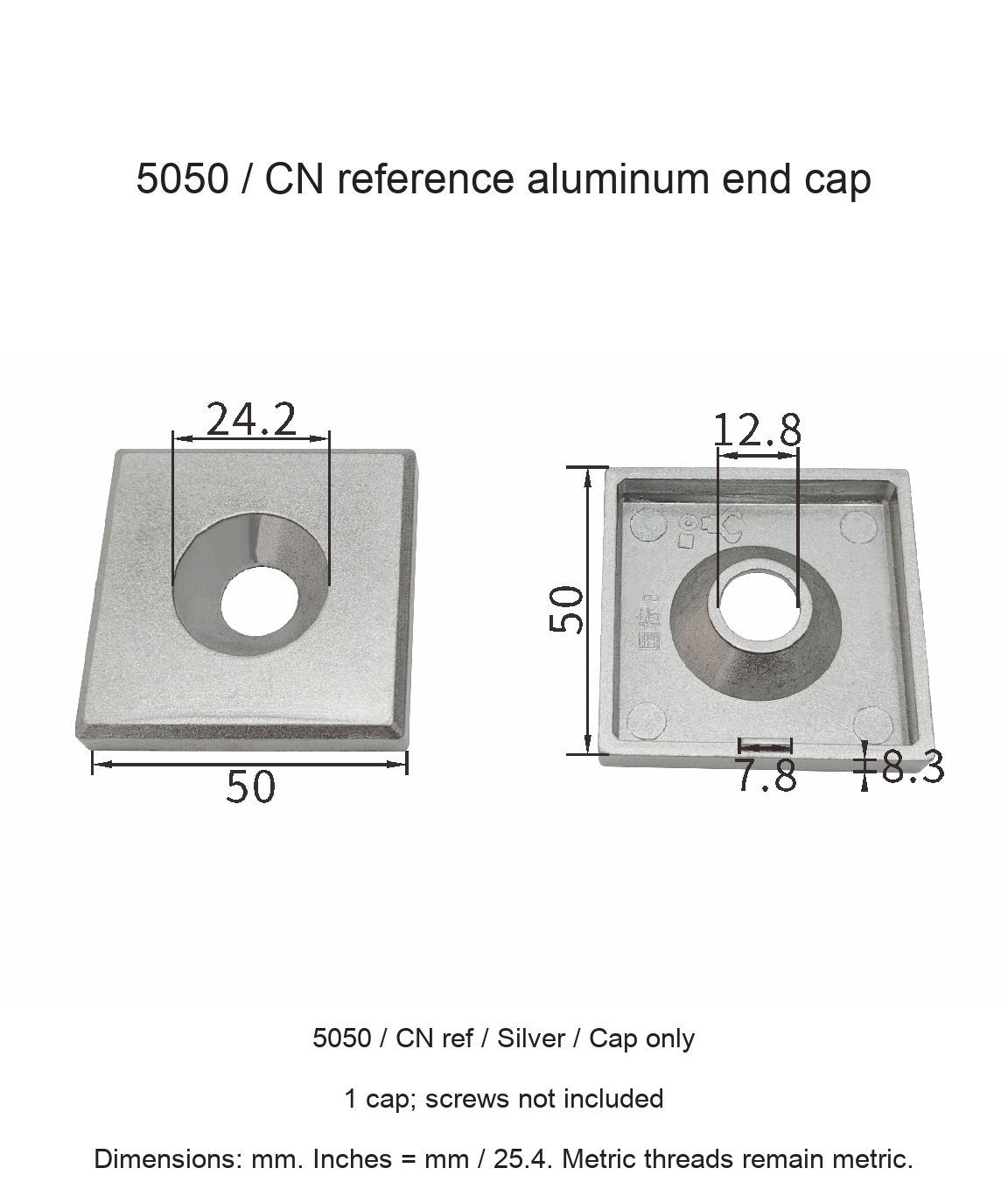 5050 / CN ref / Silver / Cap only — original end-cap photograph and dimensions
