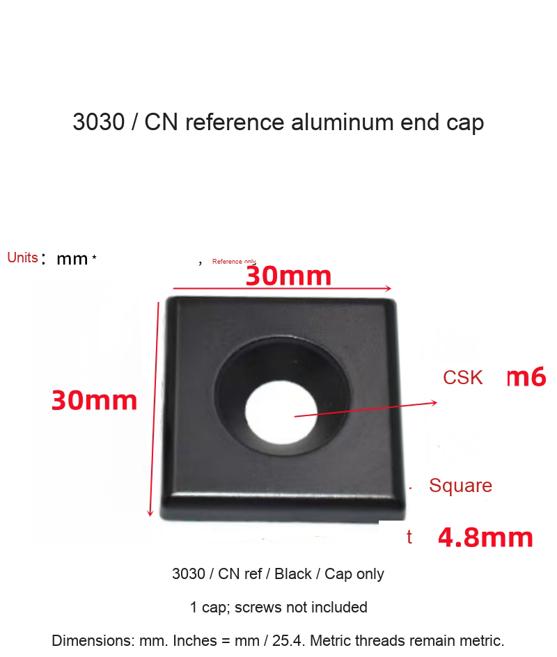3030 / CN ref / Black / Cap only — original end-cap photograph and dimensions