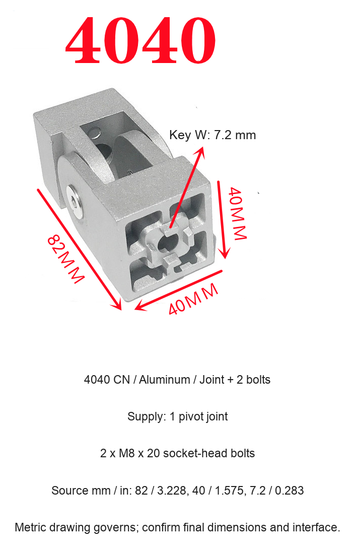 4040 CN / Aluminum / Joint + 2 bolts — original product and dimension reference