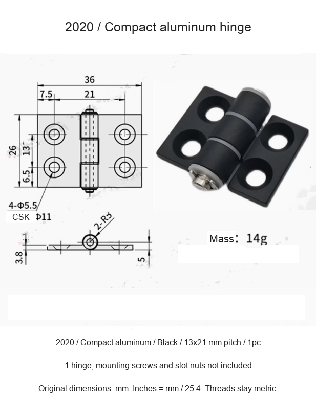 2020 / Compact aluminum / Black / 13x21 mm pitch / 1pc — original photographs and dimensional reference