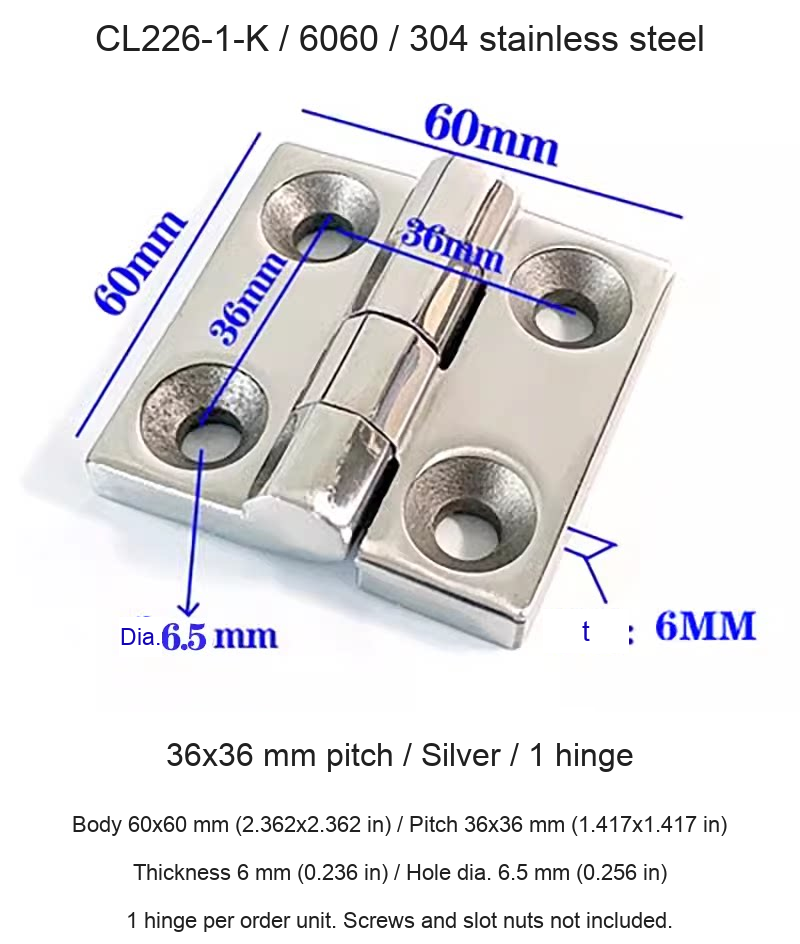 CL226-1-K / 6060 / 304 stainless steel / Silver / 36x36 mm pitch / 1pc — original photograph and dimension lines, mm and inch equivalents