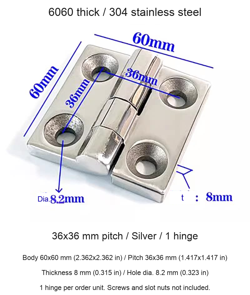 6060 thick / 304 stainless steel / Silver / 36x36 mm pitch / 1pc — original photograph and dimension lines, mm and inch equivalents