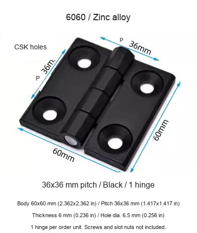 6060 / Zinc alloy / Black / 36x36 mm pitch / 1pc — original photograph and dimension lines, mm and inch equivalents