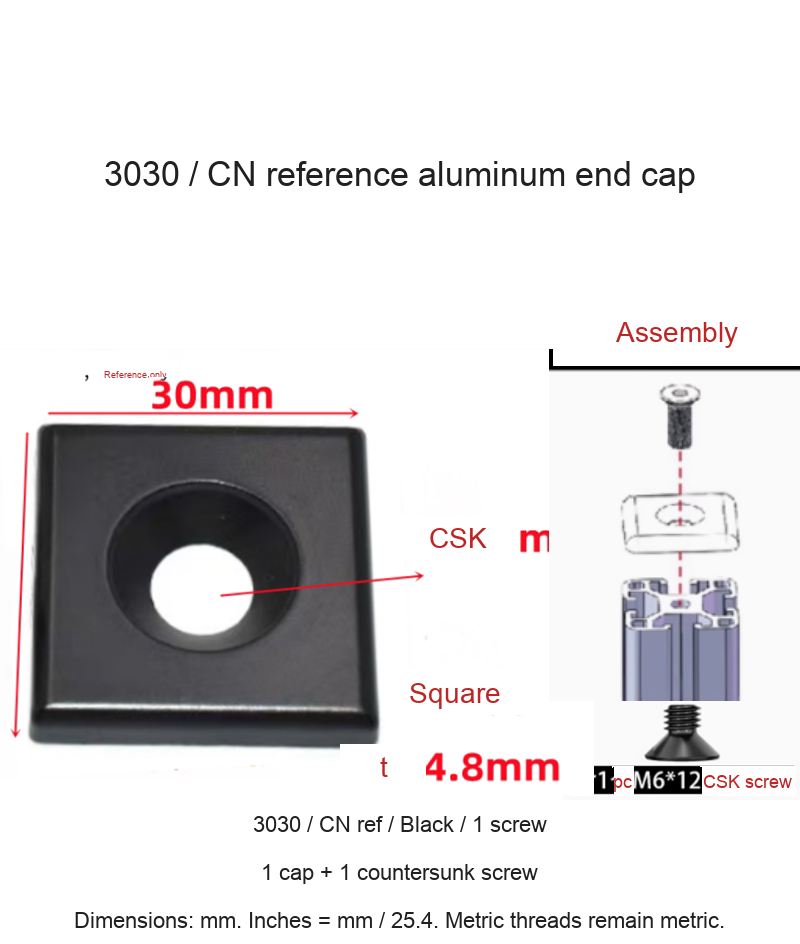 3030 / CN ref / Black / 1 screw — original end-cap photograph and dimensions