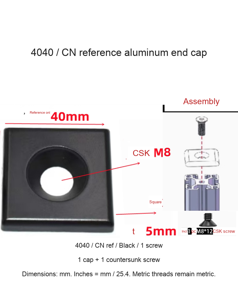 4040 / CN ref / Black / 1 screw — original end-cap photograph and dimensions