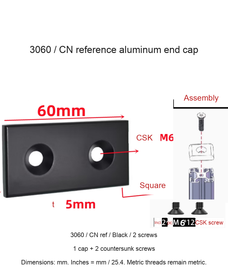 3060 / CN ref / Black / 2 screws — original end-cap photograph and dimensions