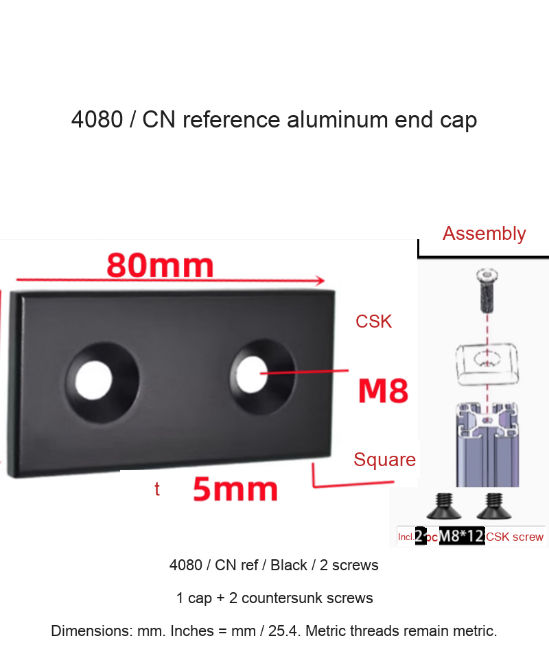 4080 / CN ref / Black / 2 screws — original end-cap photograph and dimensions