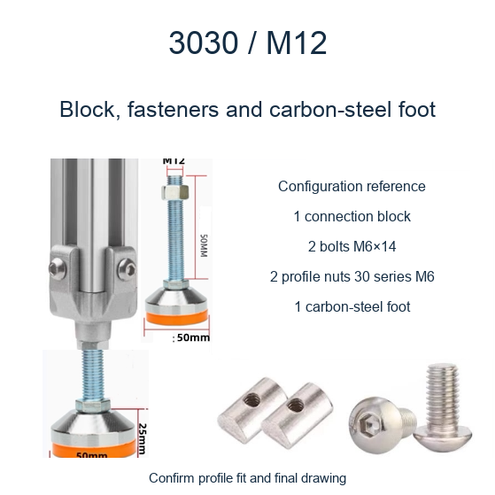 3030 M12 / Block, fasteners and carbon-steel foot