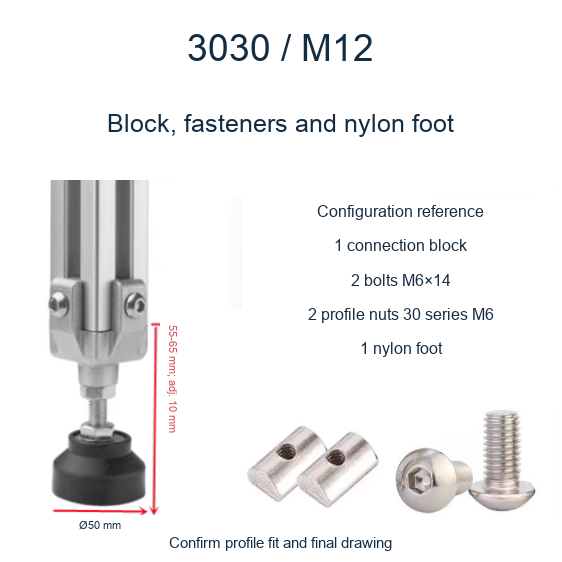 3030 M12 / Block, fasteners and nylon foot