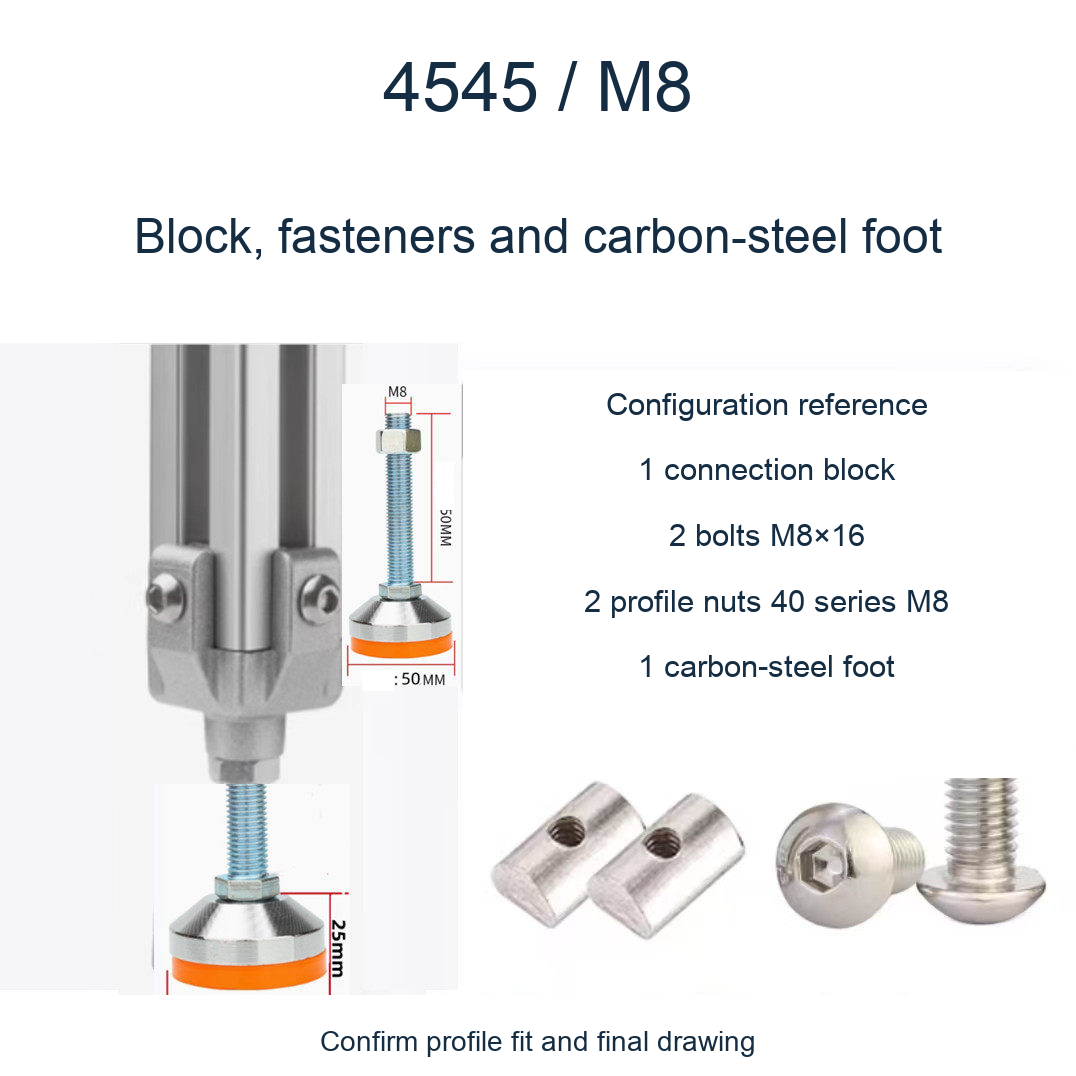 4545 M8 / Block, fasteners and carbon-steel foot