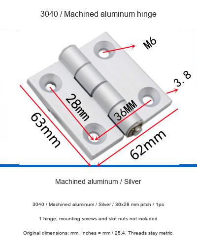 3040 / Machined aluminum / Silver / 36x28 mm pitch / 1pc — original photographs and dimensional reference