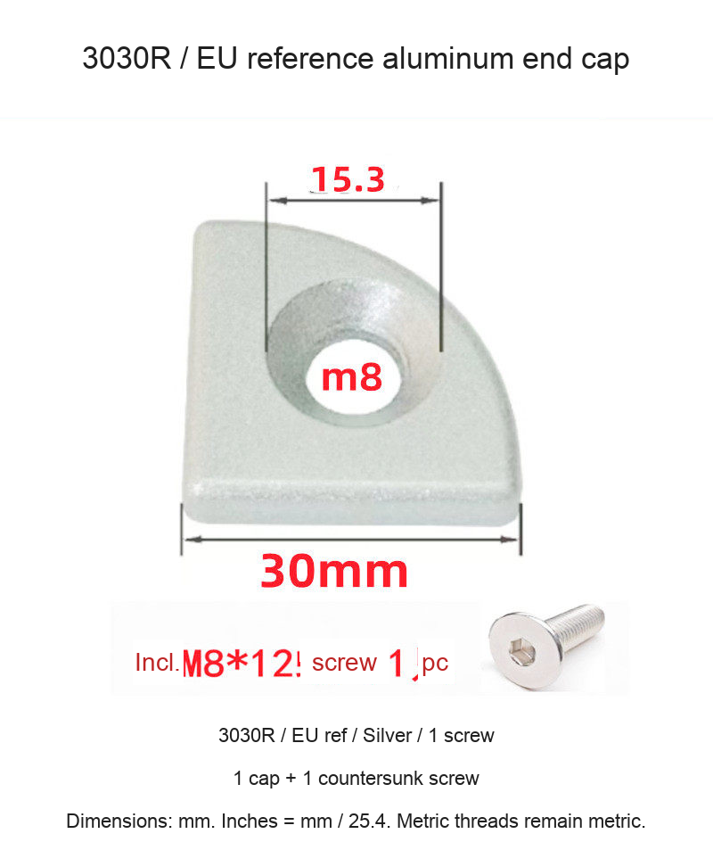 3030R / EU ref / Silver / 1 screw — original end-cap photograph and dimensions