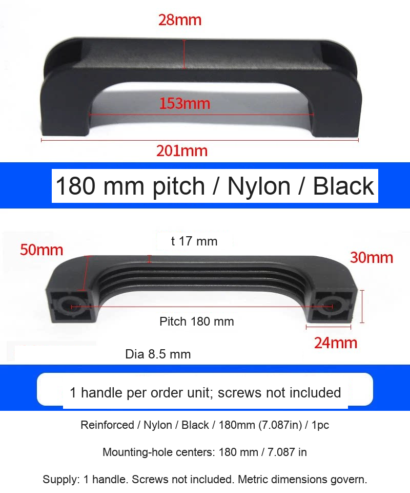 Reinforced / Nylon / Black / 180mm (7.087in) / 1pc — source image and dimensional reference