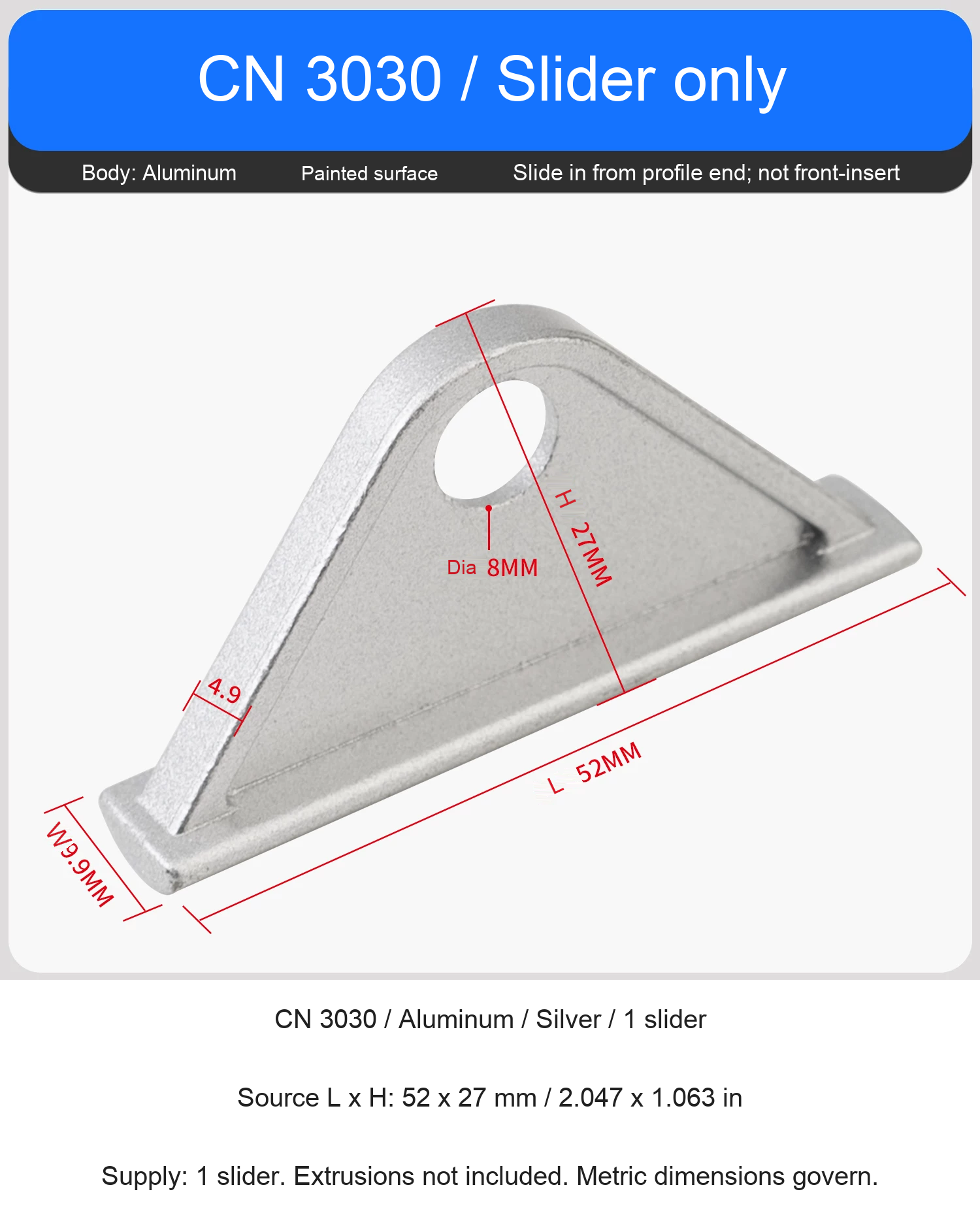 CN 3030 / Aluminum / Silver / 1 slider — supplied model dimensional reference