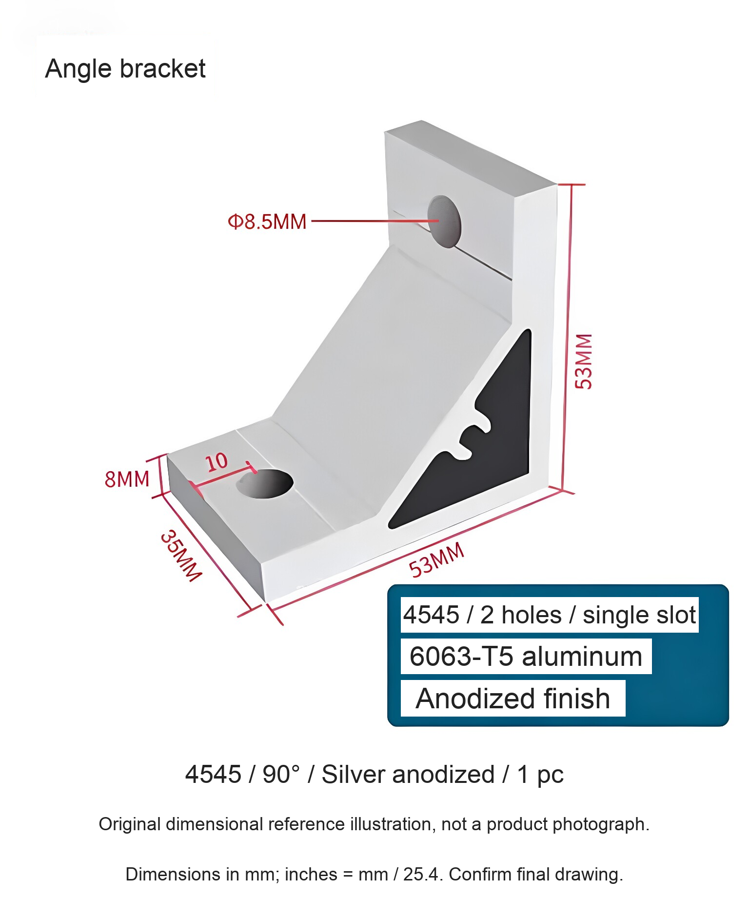 4545 / 90° / Silver anodized / 1 pc — source dimensional illustration