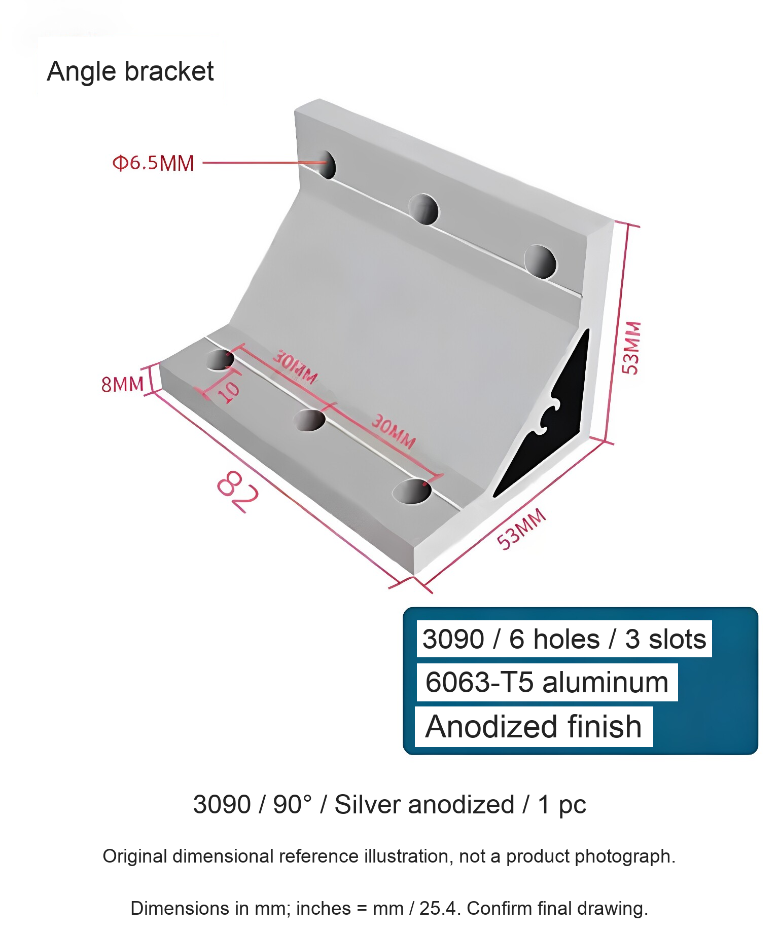 3090 / 90° / Silver anodized / 1 pc — source dimensional illustration