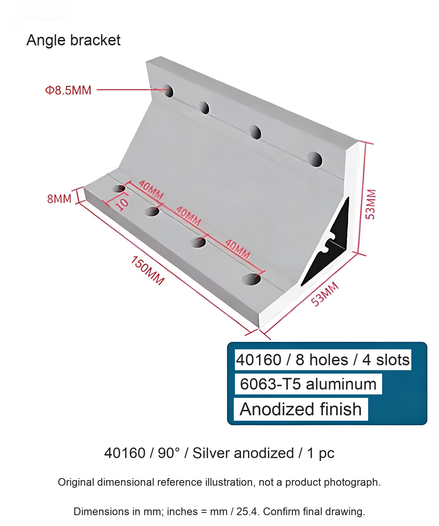 40160 / 90° / Silver anodized / 1 pc — source dimensional illustration