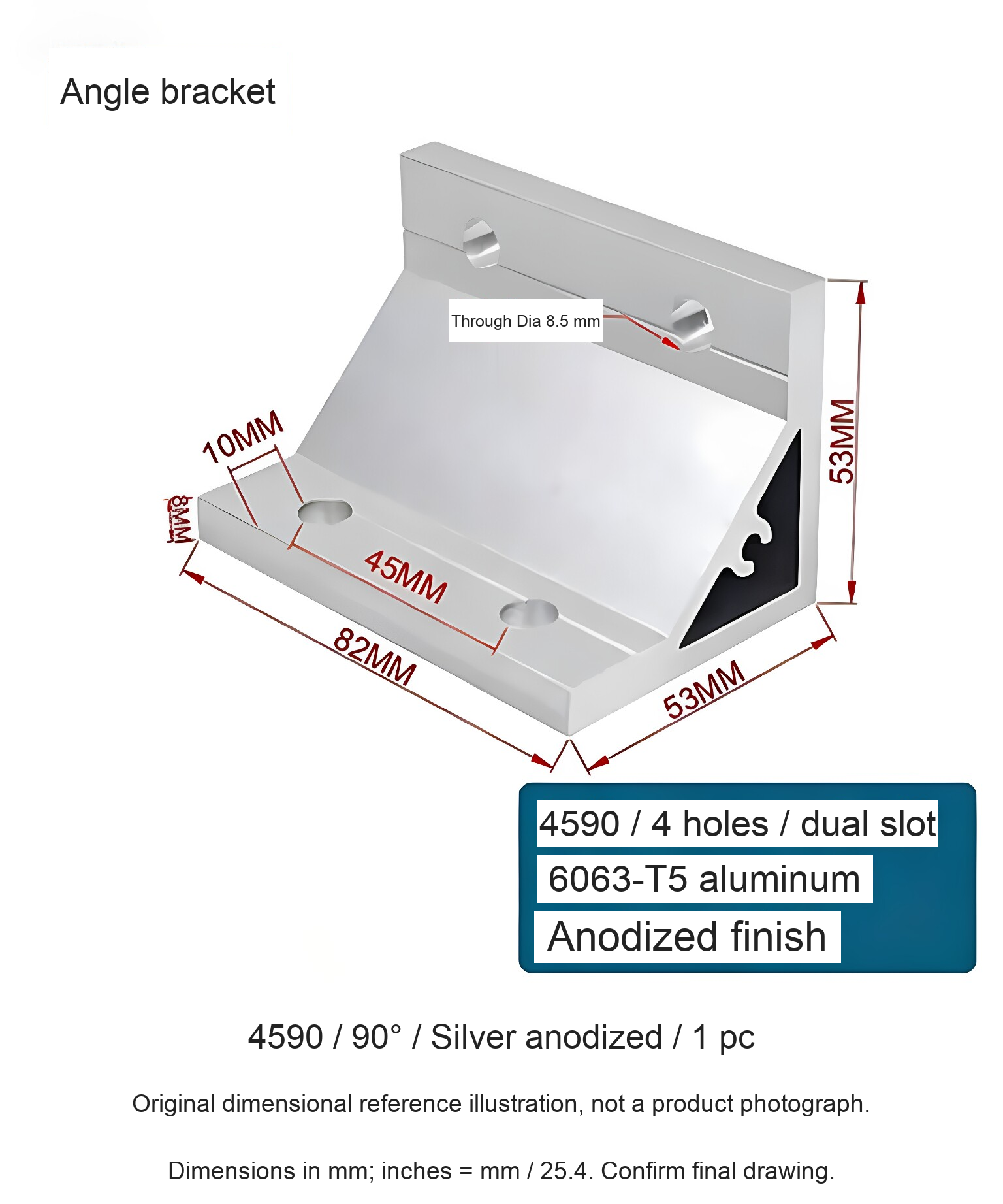 4590 / 90° / Silver anodized / 1 pc — source dimensional illustration