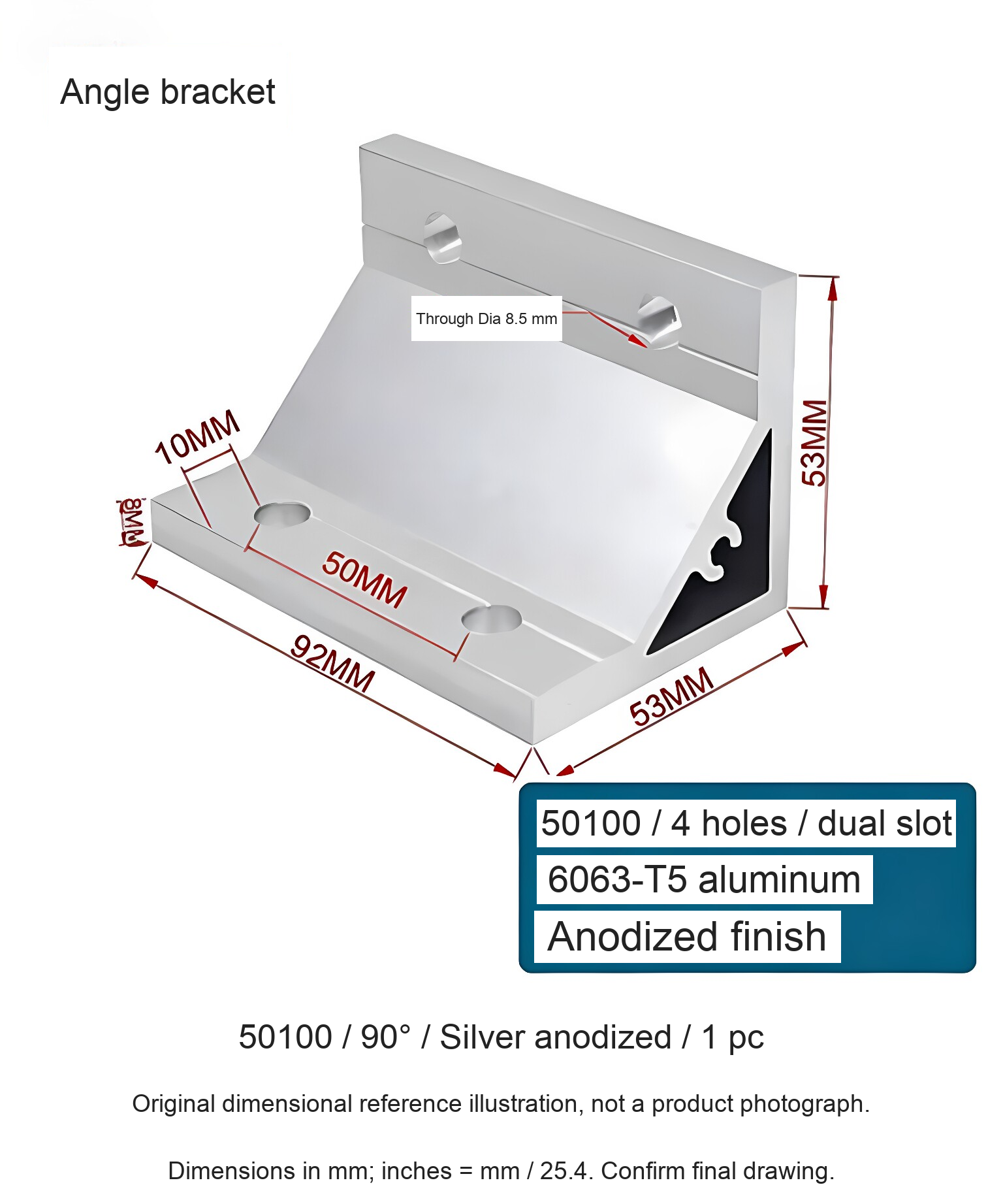 50100 / 90° / Silver anodized / 1 pc — source dimensional illustration