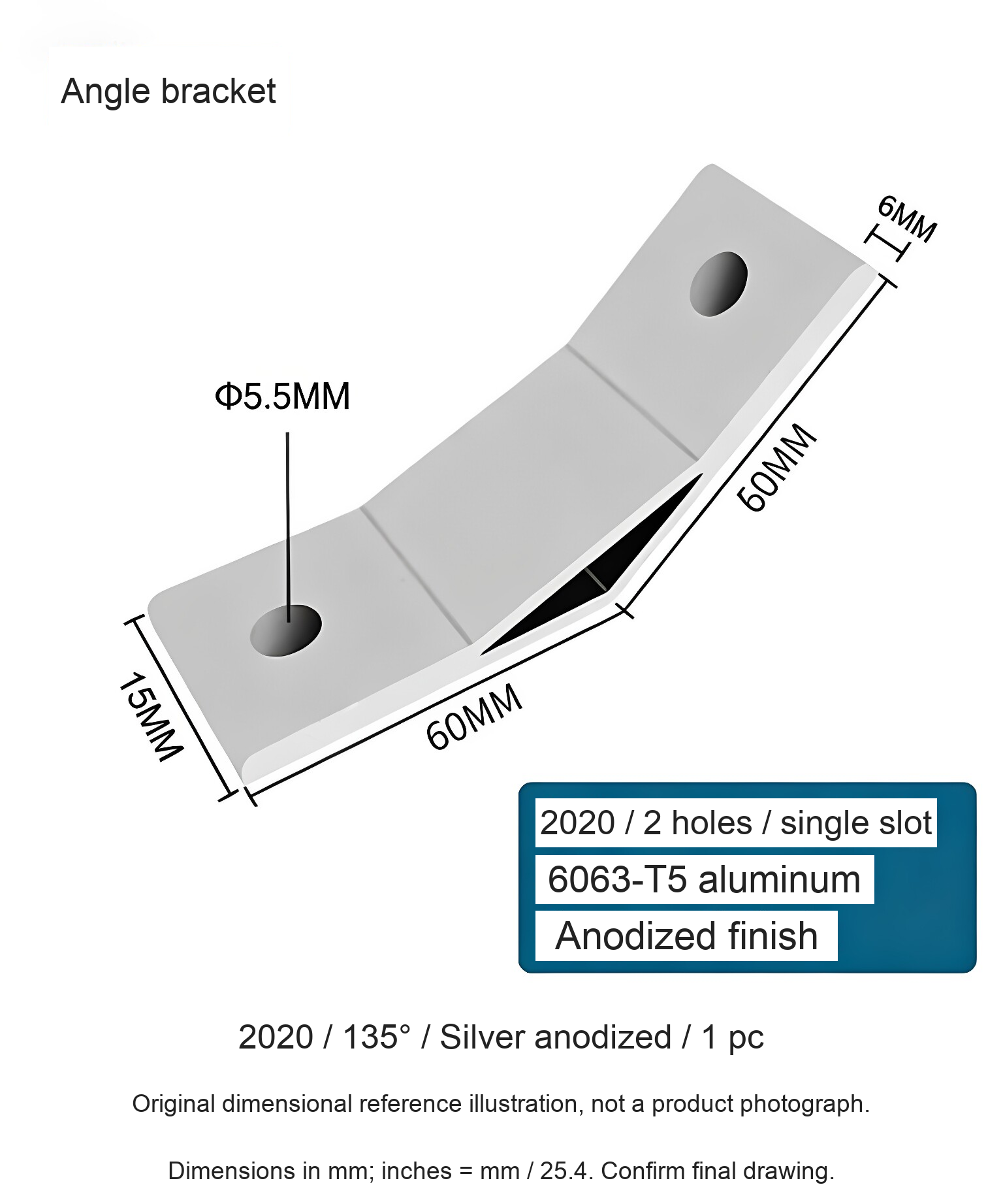 2020 / 135° / Silver anodized / 1 pc — source dimensional illustration