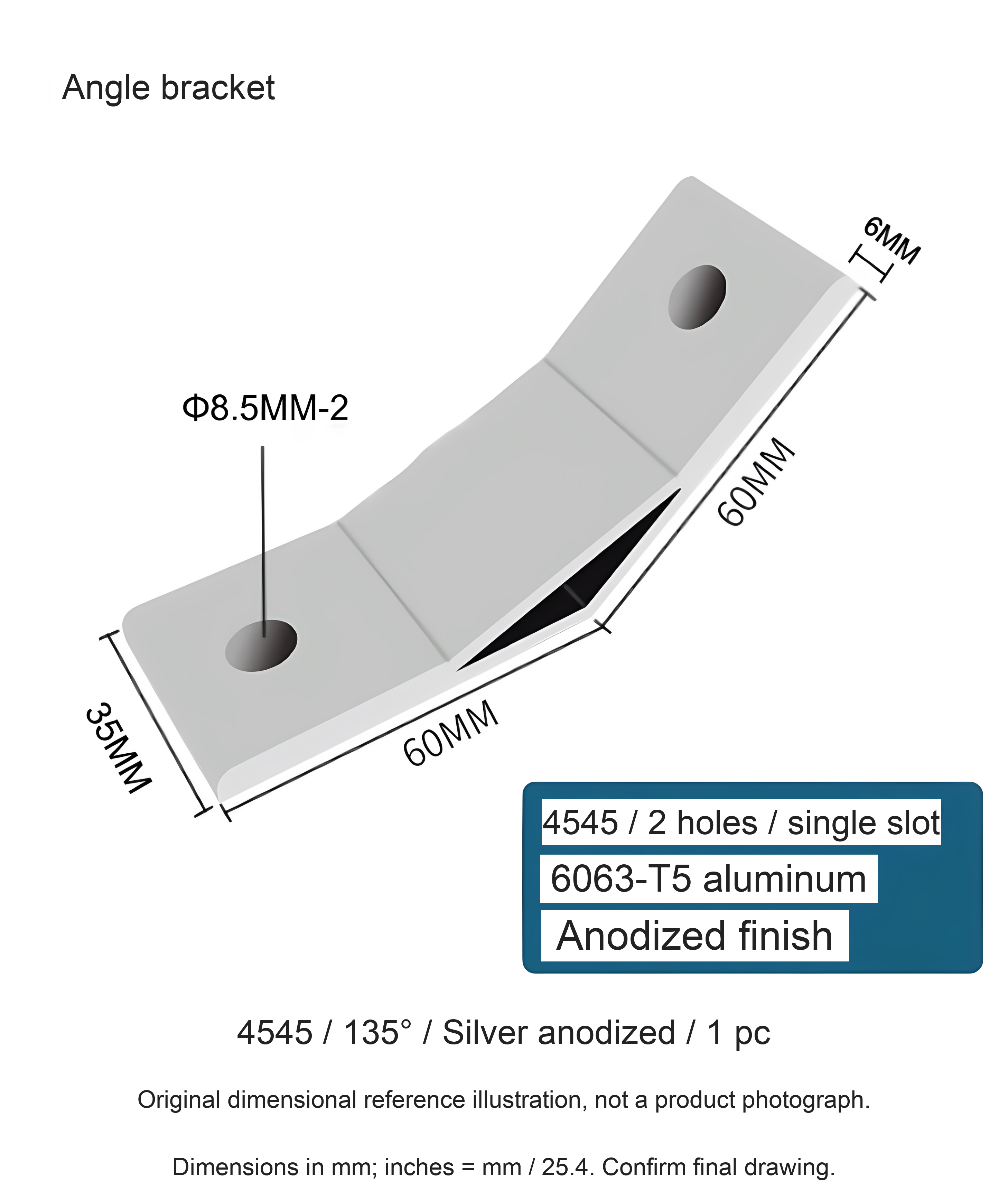 4545 / 135° / Silver anodized / 1 pc — source dimensional illustration