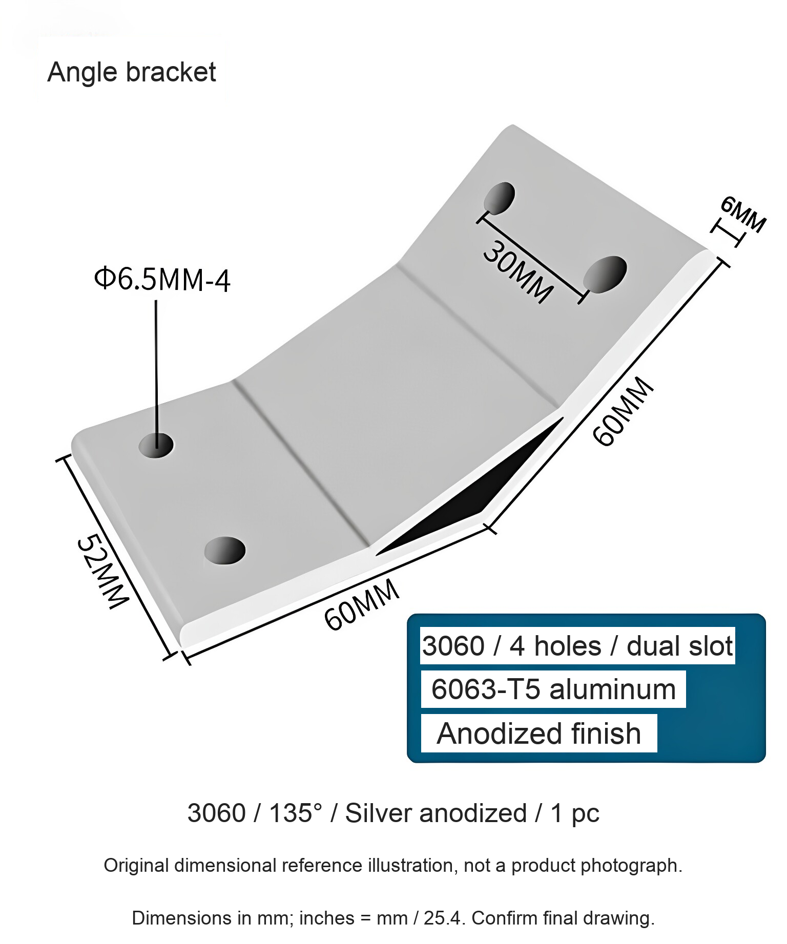 3060 / 135° / Silver anodized / 1 pc — source dimensional illustration