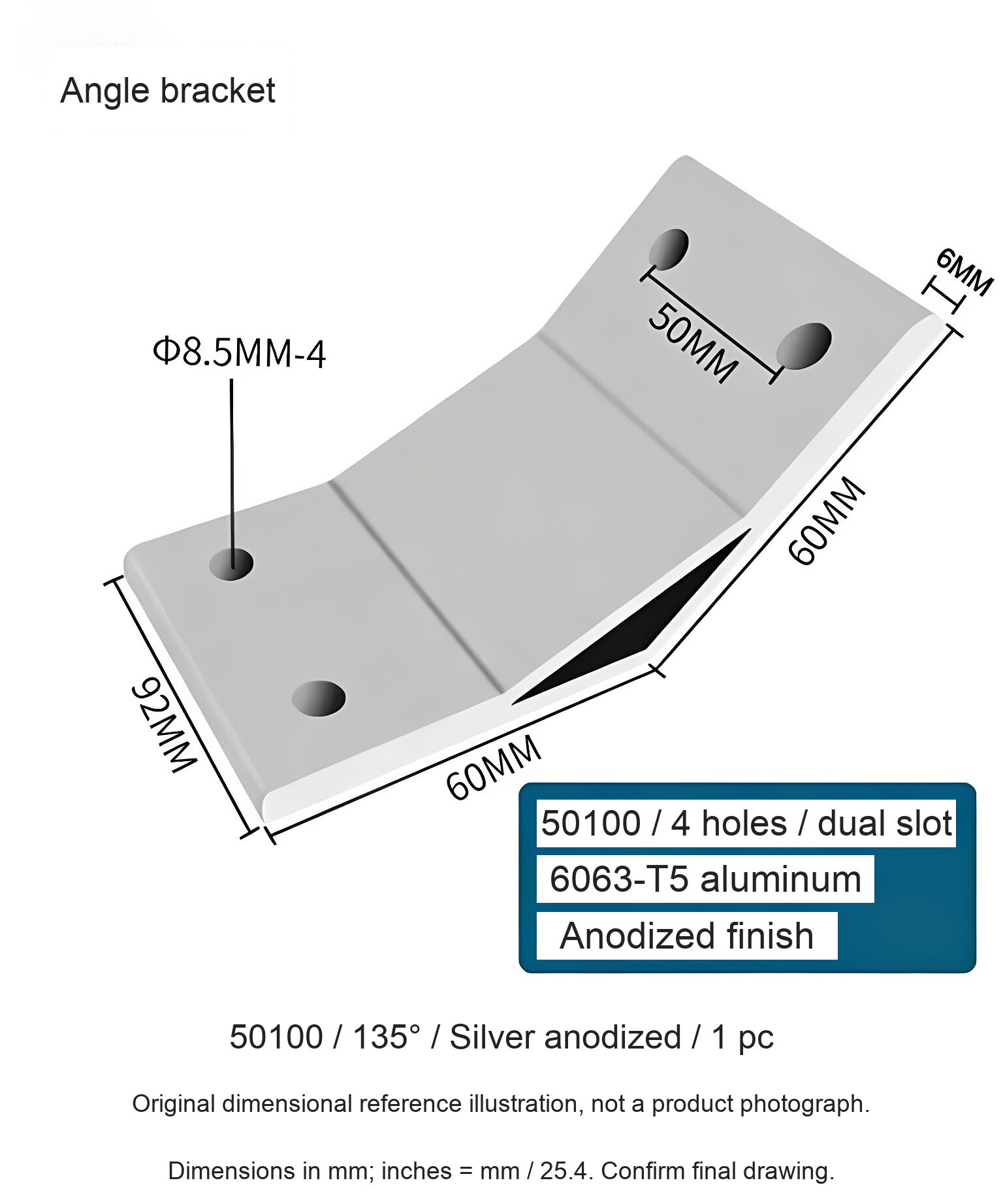 50100 / 135° / Silver anodized / 1 pc — source dimensional illustration