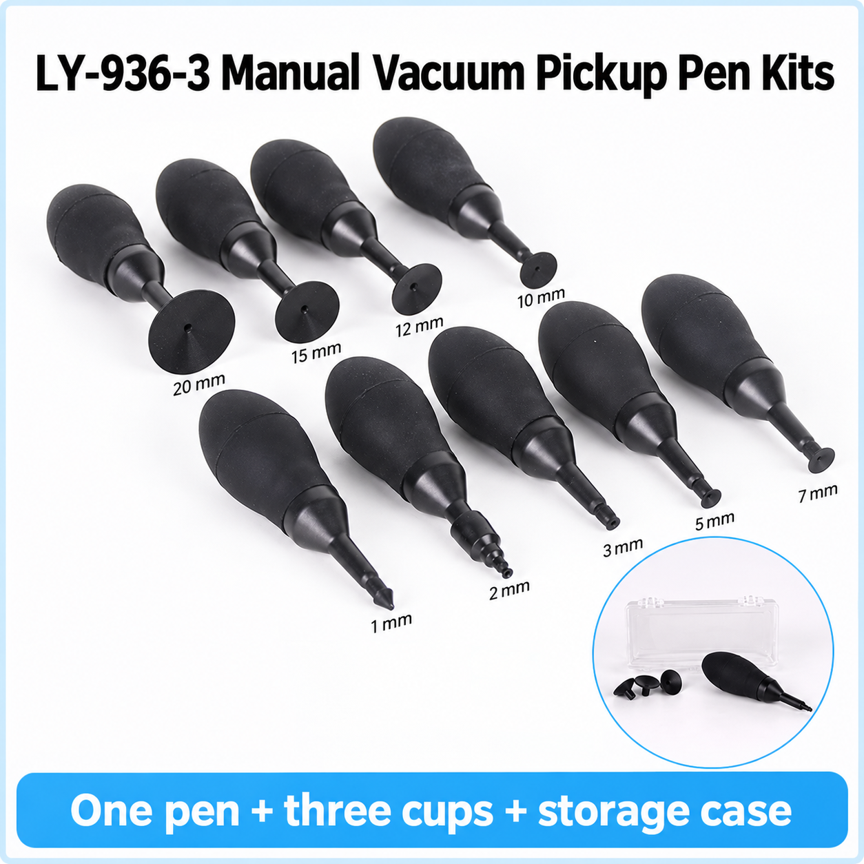 LY-936-3 family overview showing nine cup sizes from 1 to 20 mm and kit contents