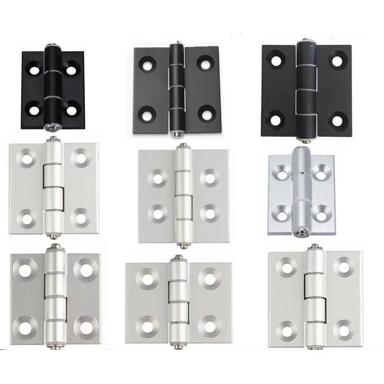 Original aluminum-profile hinge family photographs; select exact material, hole pattern, finish and pack