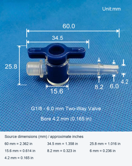 PC Two-Way Control Valves, G1/8 to 6.0 mm, 3.5 or 4.2 mm Bore