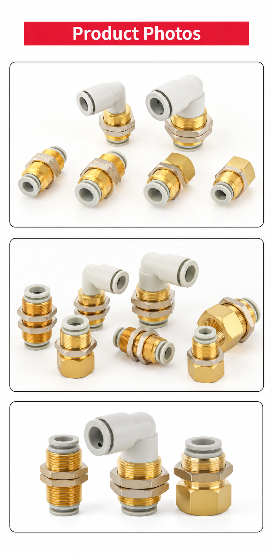Three product photo groups of straight elbow and female-thread bulkhead fittings