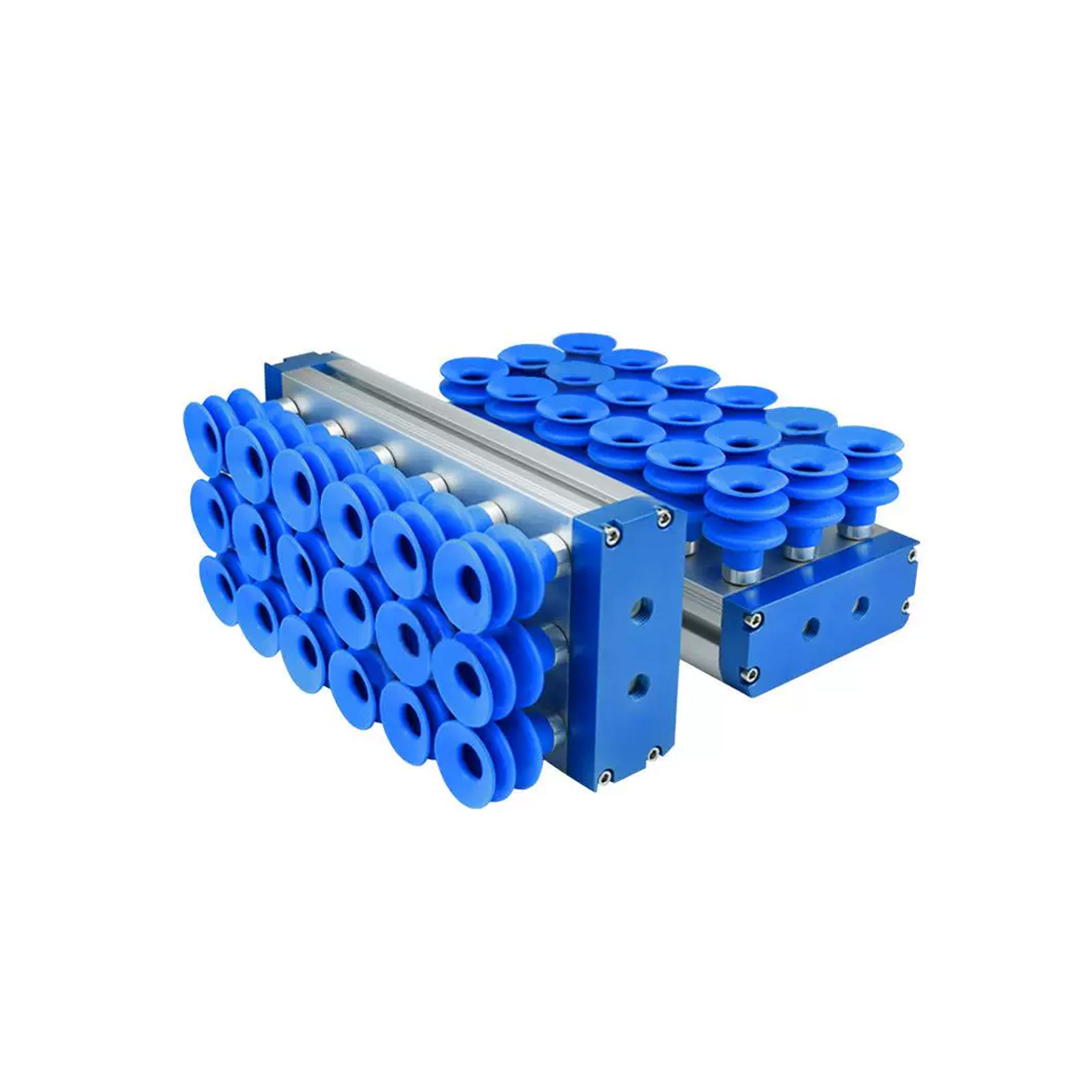 PVX series grippers showing aluminum bodies and blue bellows suction cups