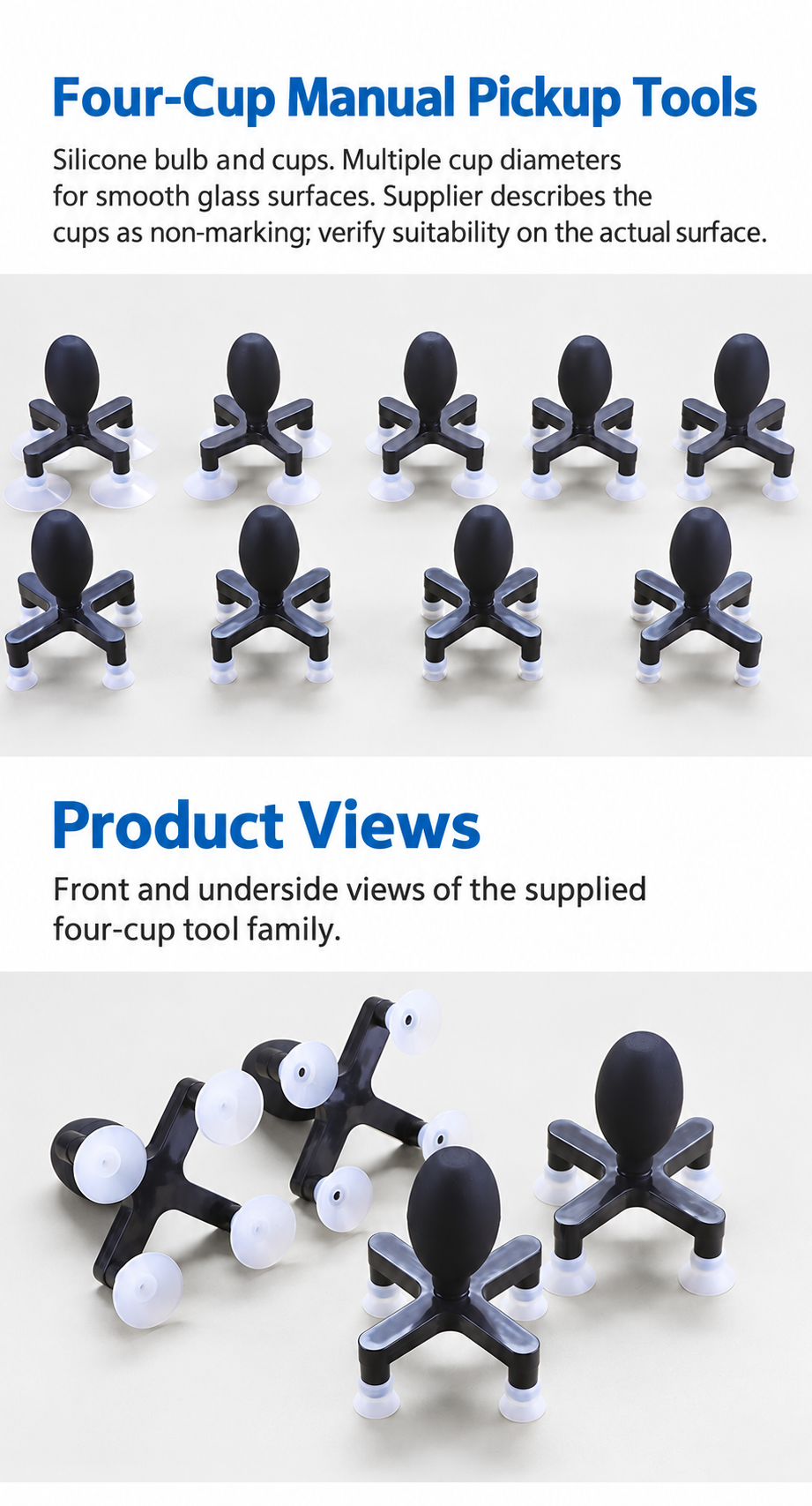Supplied real front and underside views of white-cup four-arm manual pickup tools